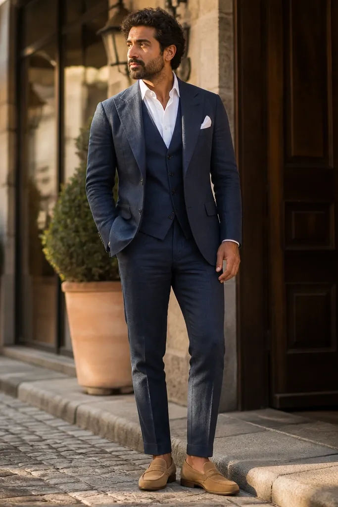 Navy linen suit with white pocket square and tan loafers