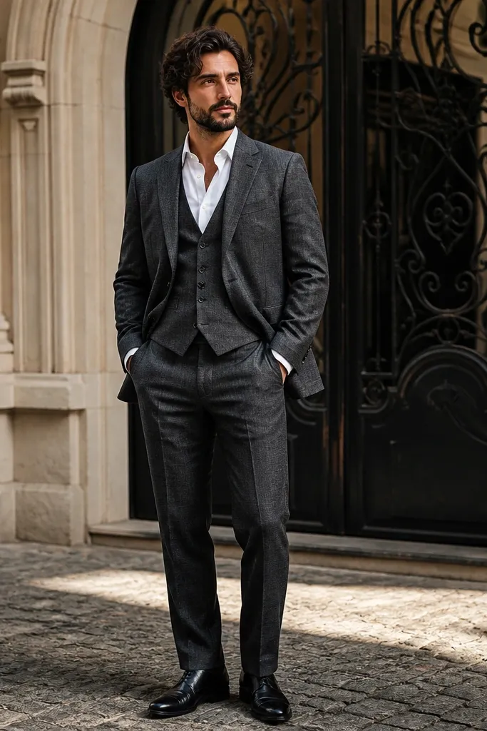 Charcoal linen suit with black shoes and white shirt