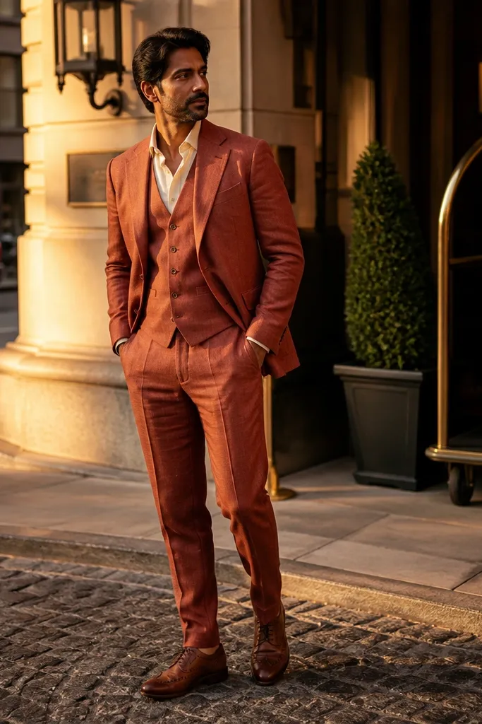 Rust linen suit with ecru shirt and cognac brogues