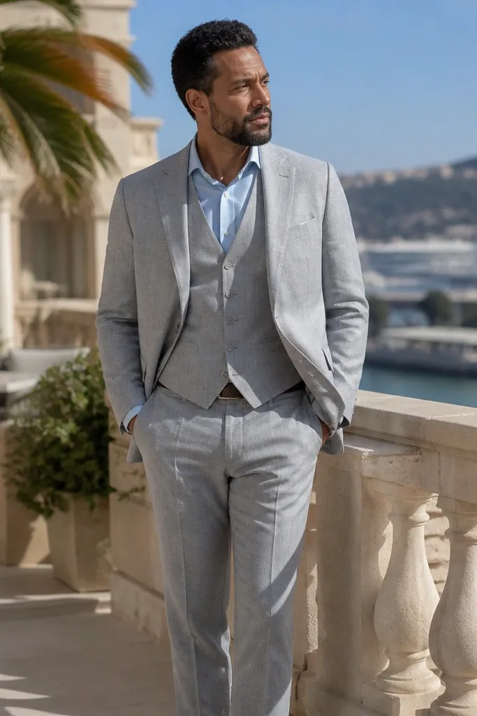 Light gray linen suit with pale blue shirt and silver belt buckle