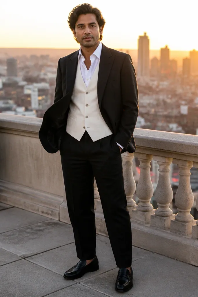 Black linen jacket with cream waistcoat and black loafers