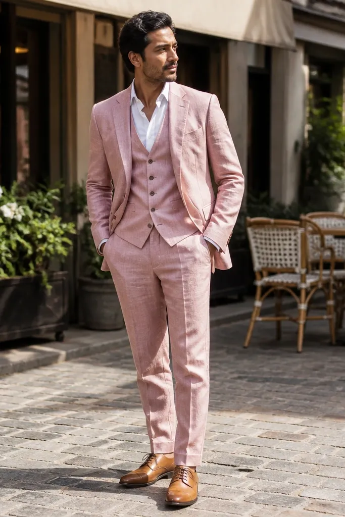 Powder pink linen suit with white shirt and tan oxford shoes