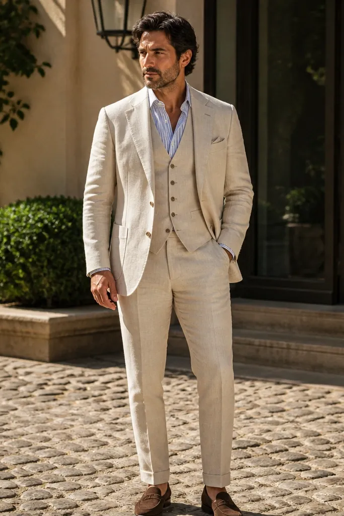 Solid linen suit with a subtle striped linen shirt underneath