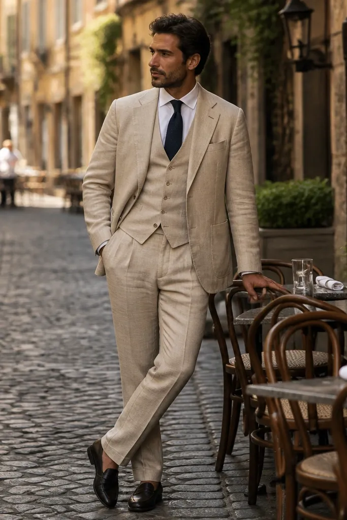 Sand linen suit with muted navy linen tie