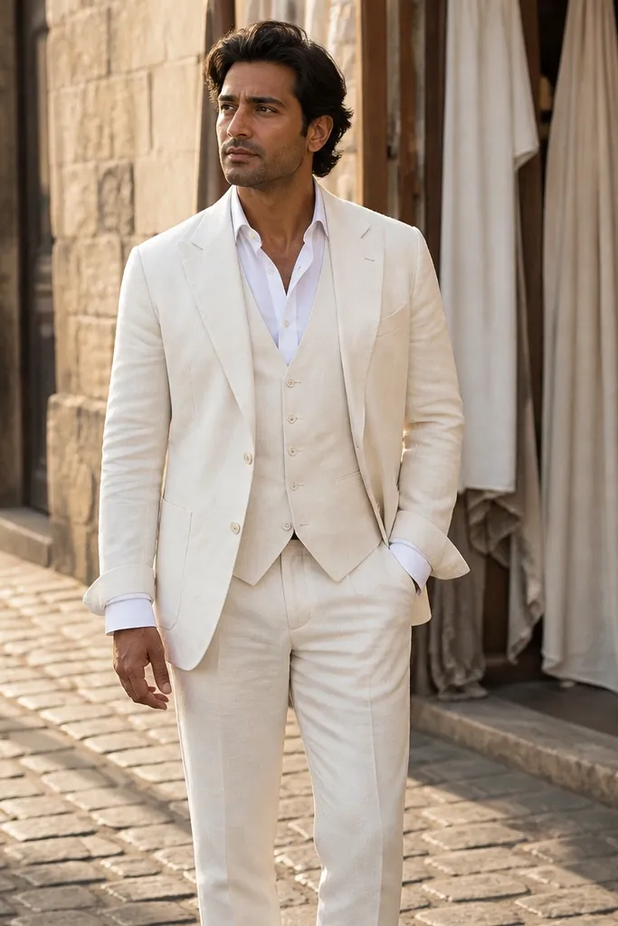Waistcoat buttoned neatly under a linen jacket