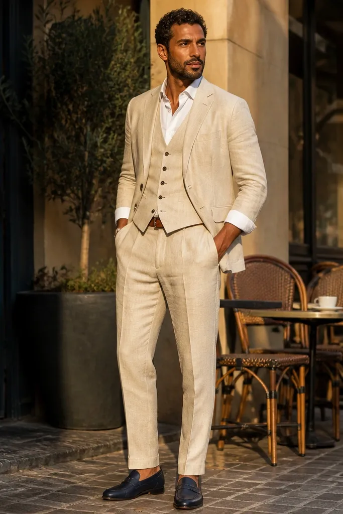 Linen jacket sleeves rolled neatly to show shirt cuffs