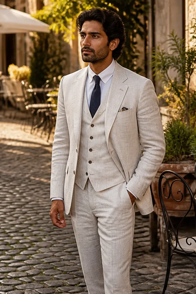 White linen suit with a crisp shirt collar and clean placket