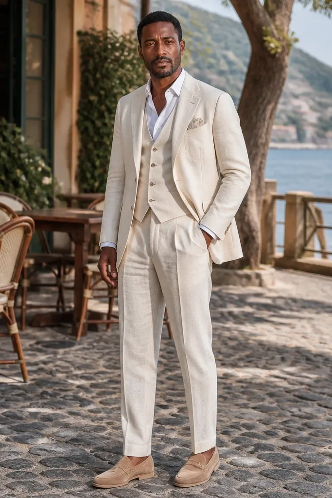 Man in linen suit wearing leather sandals