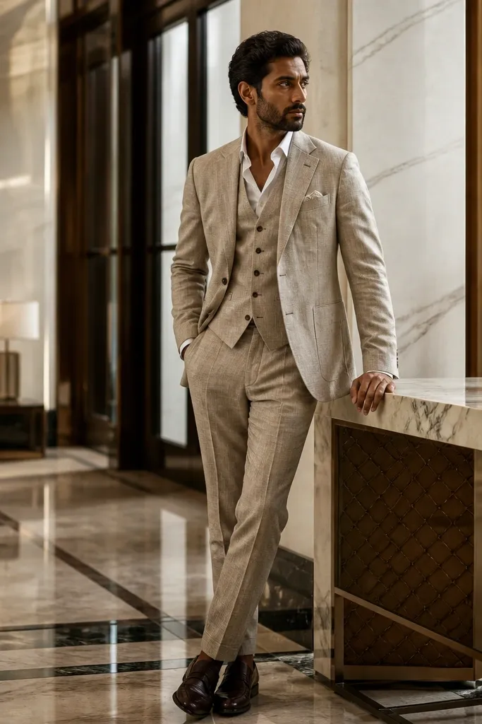 Linen suit jacket hanging, steamed smooth at creases