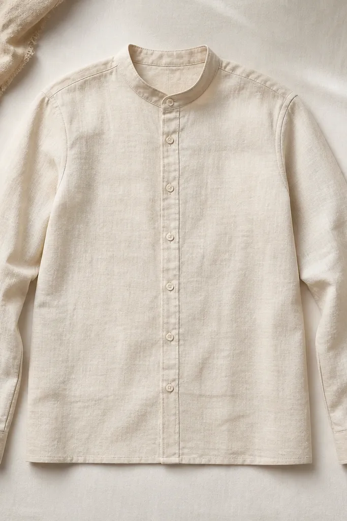A light ecru linen shirt laid flat. The mandarin collar stands short and straight, the front placket is narrow, and the fabric shows gentle slubs. Sleeves are unrolled and the hem looks even.