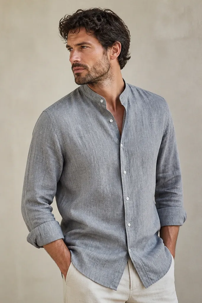 A medium stone grey linen shirt with a short standing collar. The fabric texture is visible, and the shirt is photographed on a neutral background with sleeves slightly rolled.