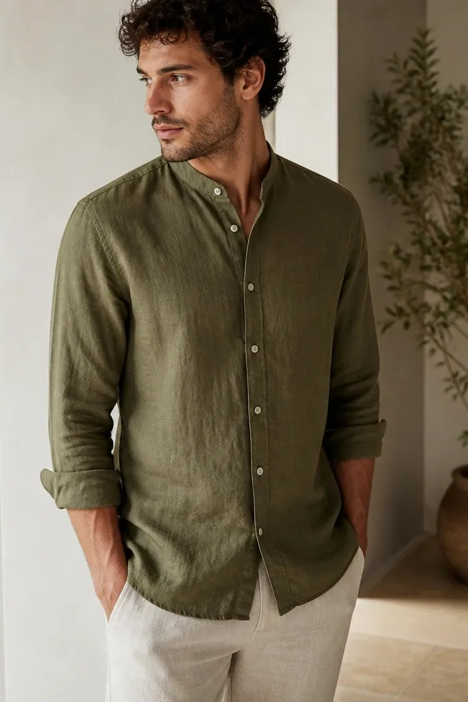 An olive linen mandarin collar shirt shown with rolled sleeves. The stand collar is centered, and the fabric has visible slub texture. The shirt is paired with light trousers in the photo.