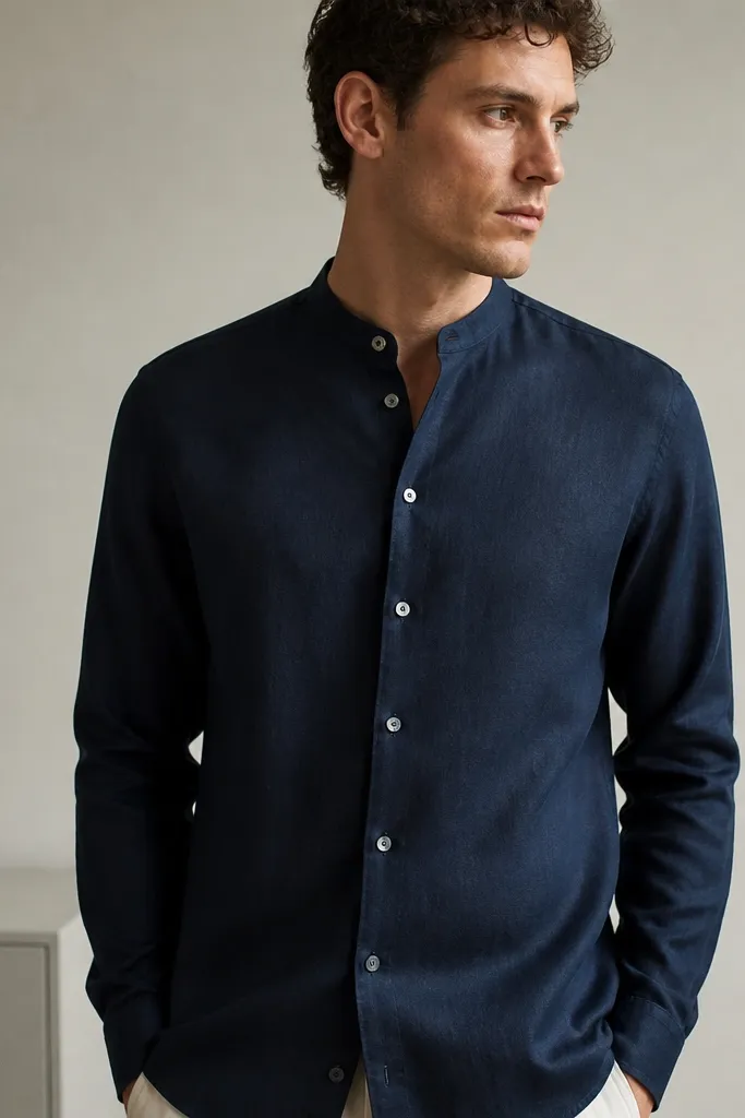 A deep navy linen shirt with a short mandarin collar. The buttons look slightly iridescent and matte at the same time. The shirt front is smooth with minimal wrinkling in the photo.