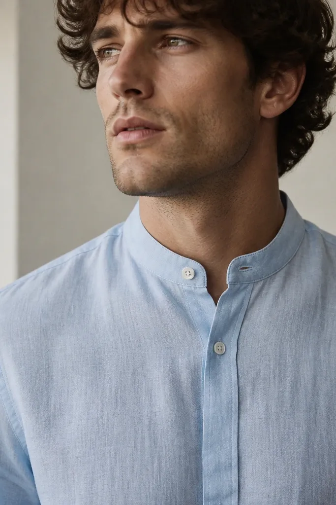 A pale light-blue linen shirt with a short stand collar. The front has a minimal placket and the fabric shows soft texture. The shot includes the shirt collar and upper buttons clearly.
