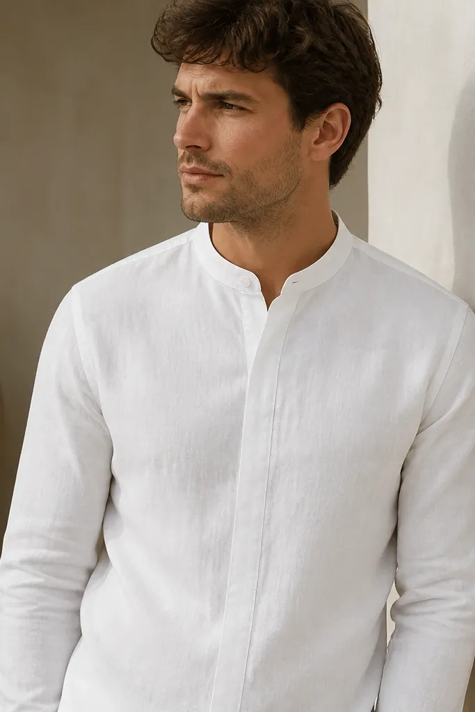 A bright white linen mandarin collar shirt with tonal stitching that blends into the fabric. The collar is flat and even, and the placket lines are straight.