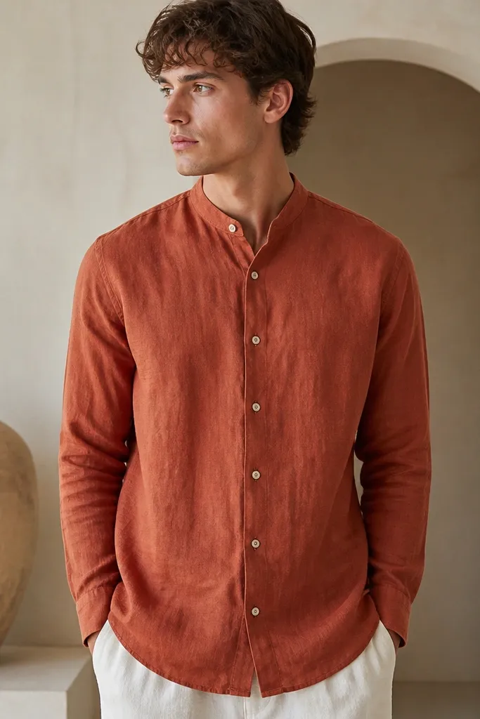A rust terracotta linen shirt with a mandarin collar and visible linen texture. The shirt front is buttoned and the sleeves are down. The color looks like baked clay.