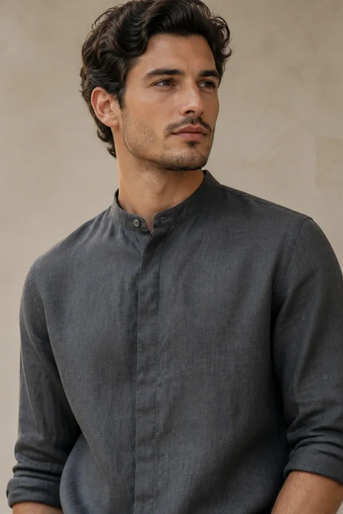 A charcoal grey linen shirt with a narrow mandarin collar. The collar edge is crisp, and the front placket is slim. The fabric has a fine grain.