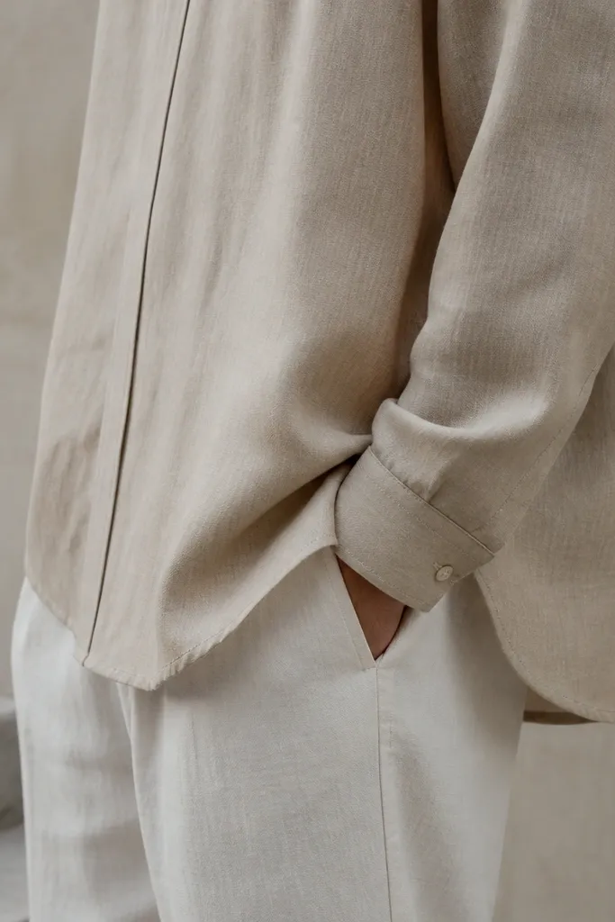 A sand beige linen shirt with a short mandarin collar. The hem shows side slits, and the fabric drapes loosely. The photo highlights the lower torso and hem shape.