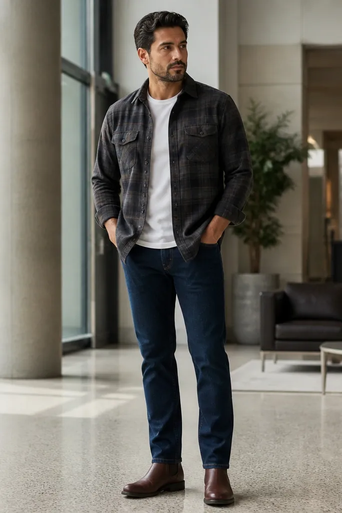 Charcoal plaid flannel over a dark tee with dark indigo jeans and brown Chelsea boots