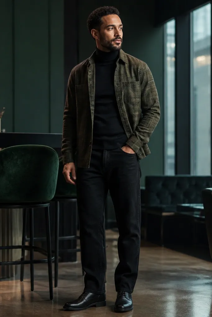 Olive plaid flannel worn open over a black turtleneck with straight black denim