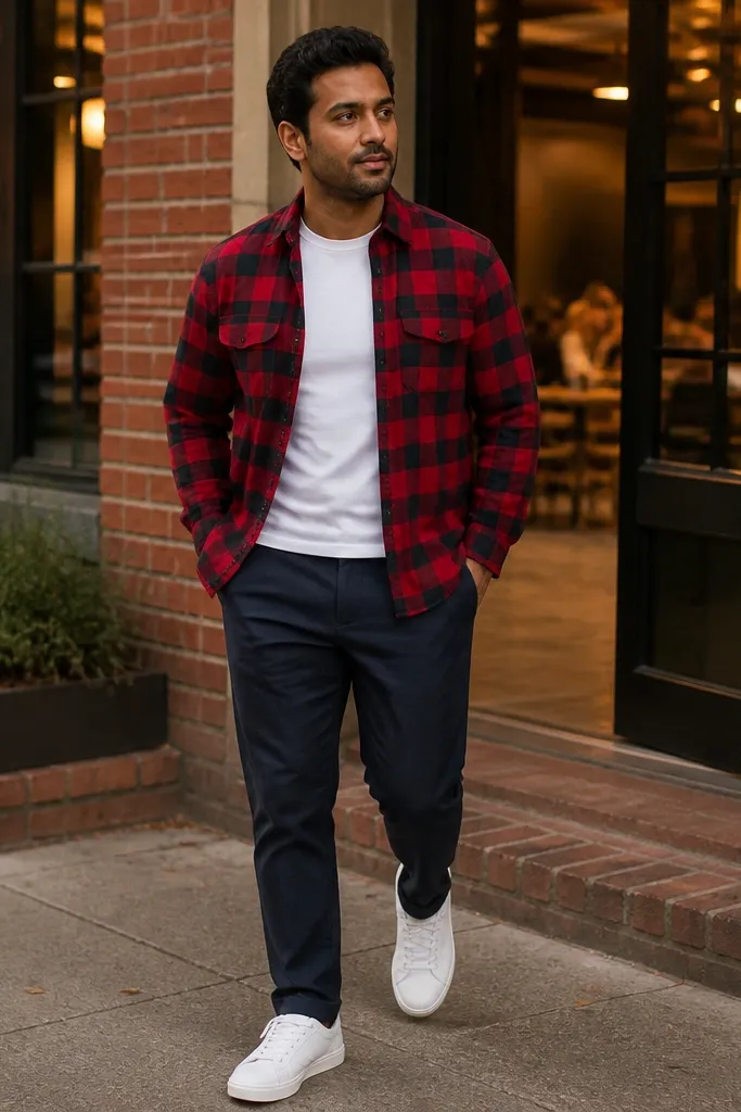 Red buffalo check flannel with a plain white tee, navy chinos, and white low-top sneakers
