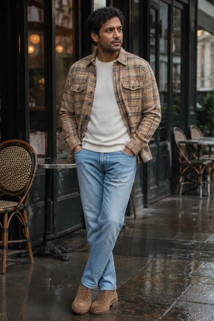 Tan flannel over an ecru knit tee with light-wash straight jeans and tan suede desert boots
