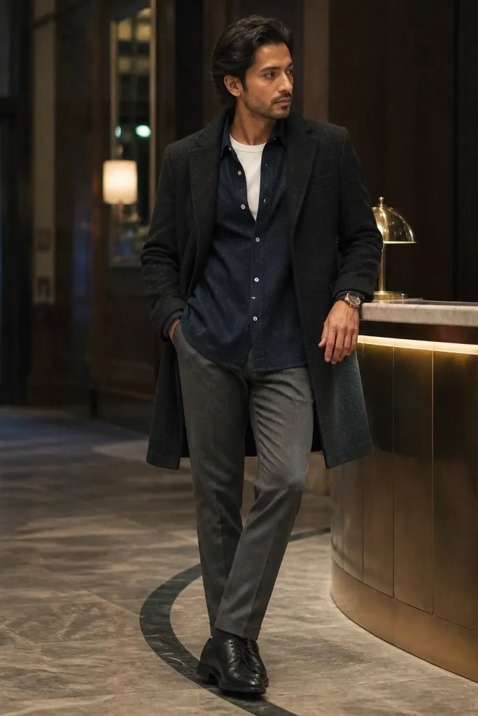 Navy flannel worn open over a white tee with gray suit trousers and a dark overcoat