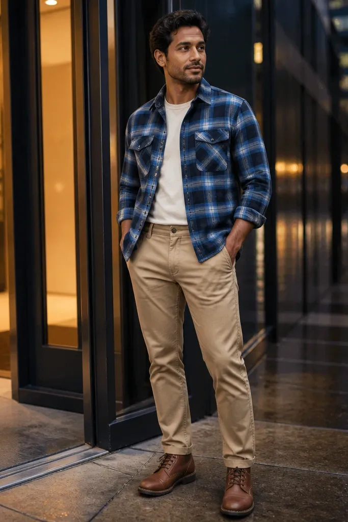 Blue plaid flannel with khaki chinos and tan leather lace-up boots