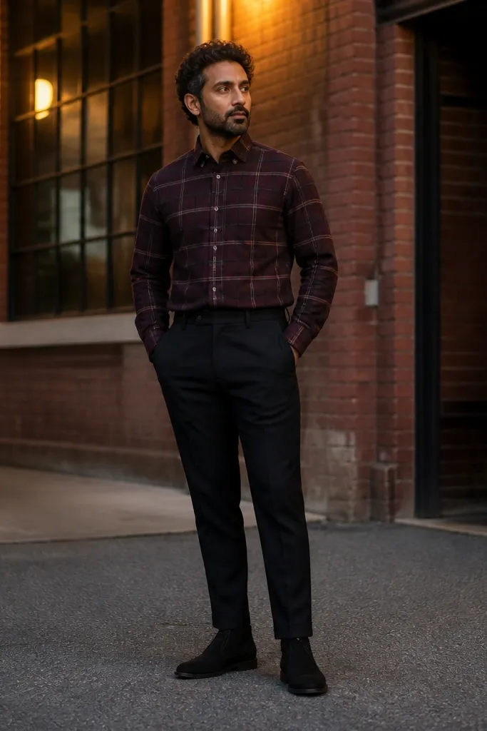 Burgundy plaid flannel over a black tee with black tapered pants and black suede chukkas