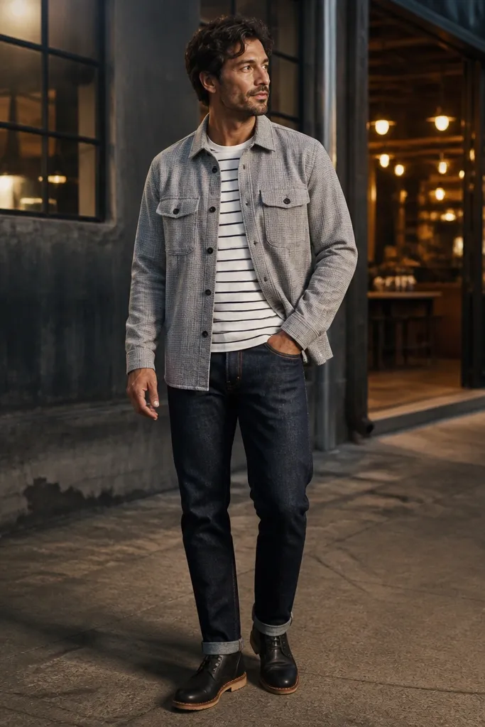 Gray plaid flannel overshirt over a striped tee with dark denim and gray sneakers