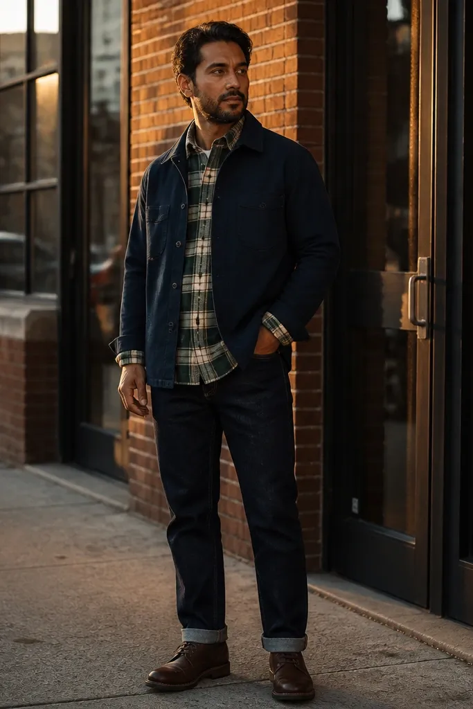 Green and cream plaid flannel under a navy overshirt with dark jeans and brown boots