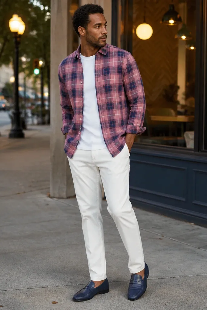 Pink and navy plaid flannel over a white tee with white chinos and navy loafers