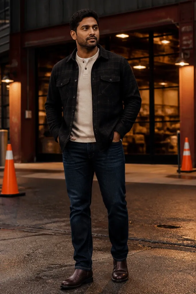 Black plaid flannel over an oatmeal henley with straight dark jeans and dark brown boots