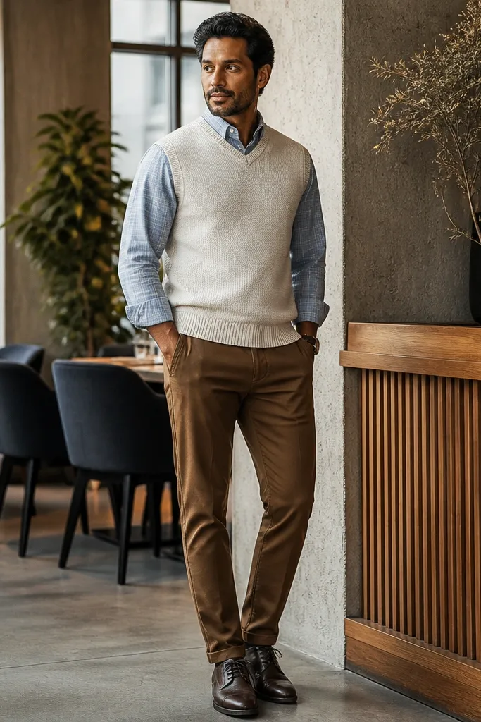 Light blue plaid flannel with a cream sweater vest, brown chinos, and leather boots