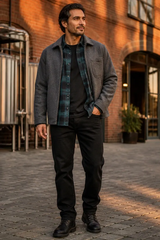 Teal plaid flannel over a black tee with black jeans and a gray jacket