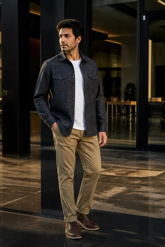 Two-tone plaid flannel overshirt over a white tee with tan chinos and tan loafers