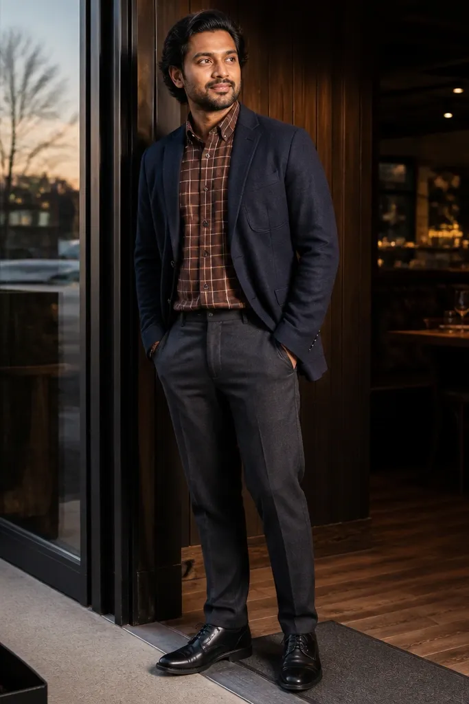 Brown plaid flannel under a navy blazer with dark trousers and dark leather shoes