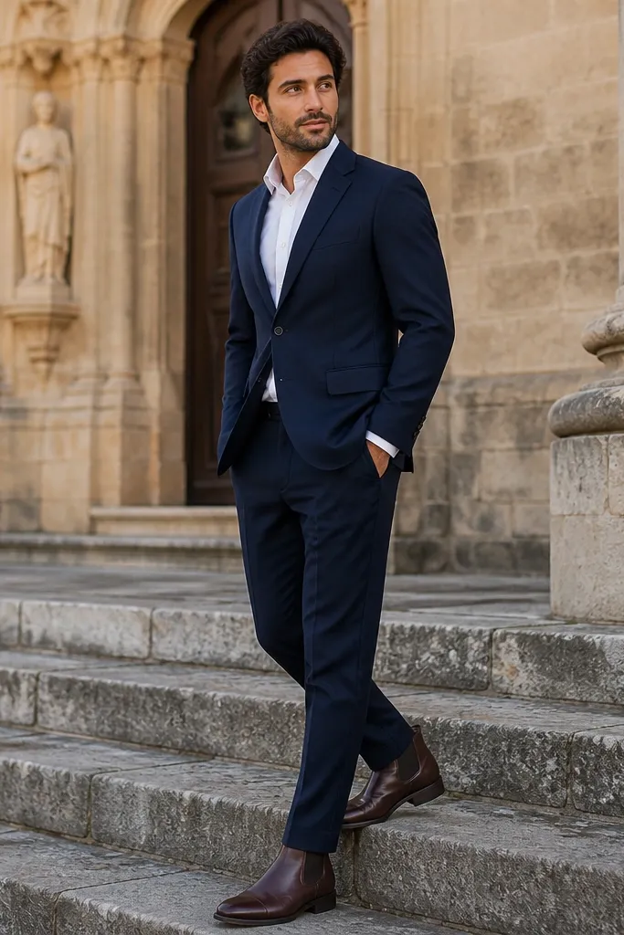 Navy suit, white shirt, dark brown Chelsea boots, and a matching belt