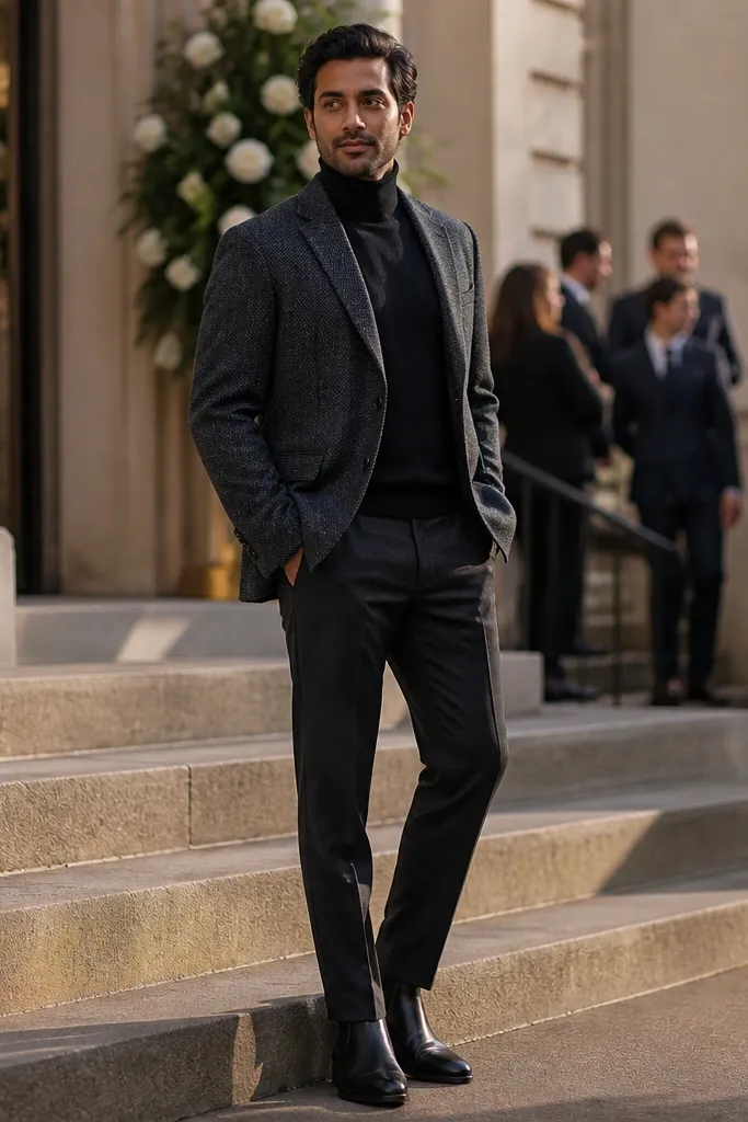 Charcoal blazer over black turtleneck with black Chelsea boots