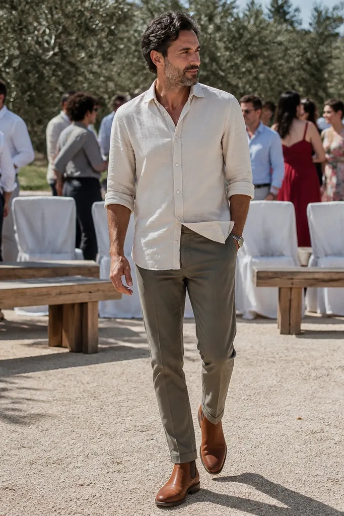 Cream linen shirt with olive chinos and cognac Chelsea boots