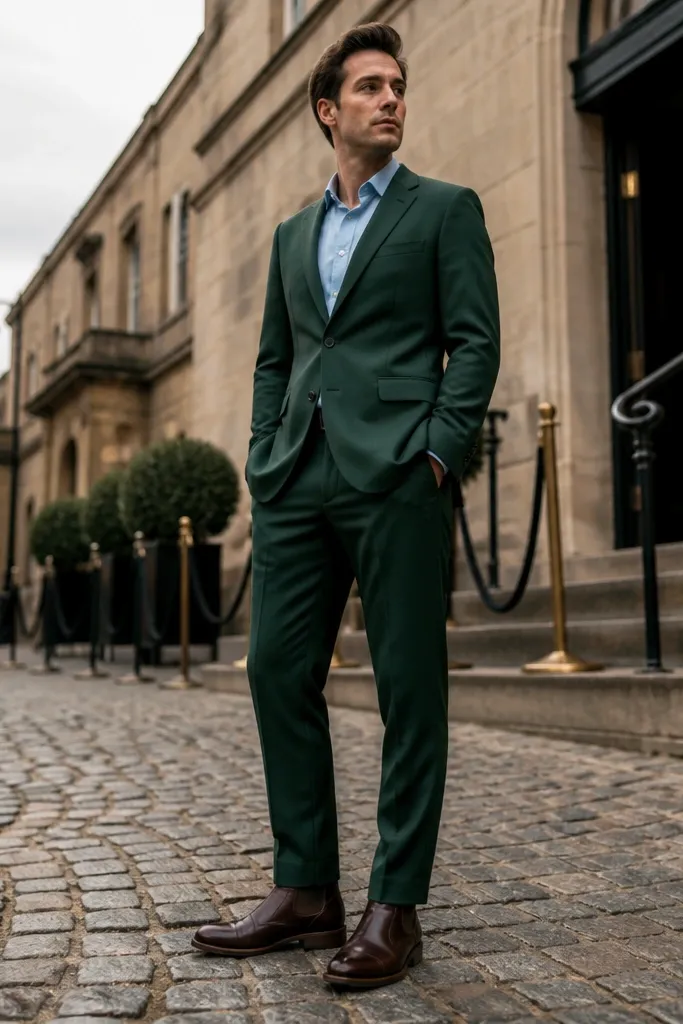 Forest green suit with light blue shirt and dark brown Chelsea boots
