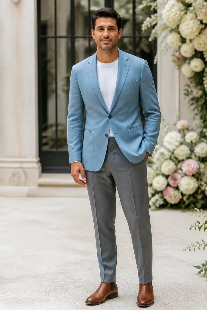 Light blue blazer over white tee with gray trousers and brown Chelsea boots