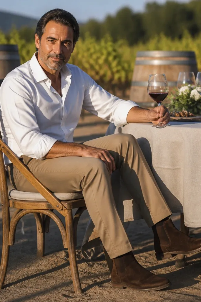 White dress shirt with tan chinos and dark brown suede Chelsea boots
