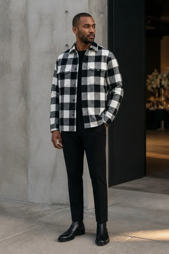 Black and white check overshirt with black trousers and black Chelsea boots