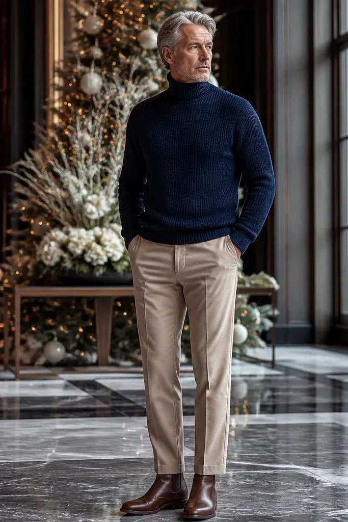 Navy turtleneck sweater with beige trousers and brown Chelsea boots