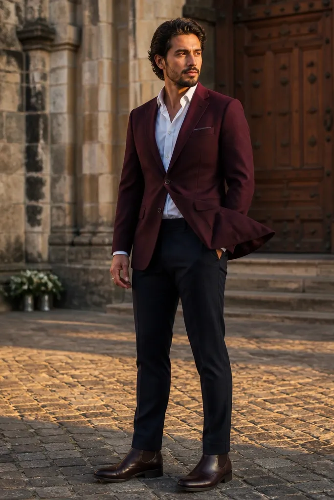 Burgundy blazer with white shirt, navy trousers, and dark brown Chelsea boots