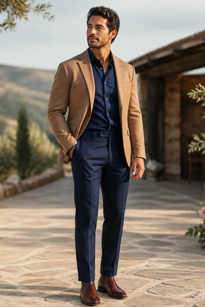 Tan blazer with navy shirt, navy trousers, and cognac Chelsea boots
