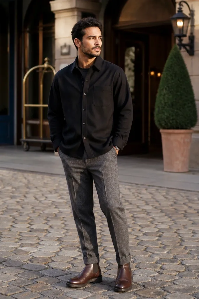 Black overshirt with gray flannel trousers and brown Chelsea boots