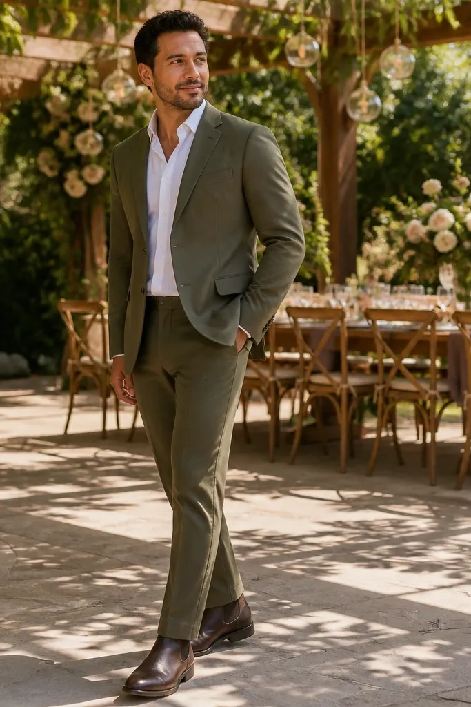 Olive jacket and trousers with white shirt and dark brown Chelsea boots