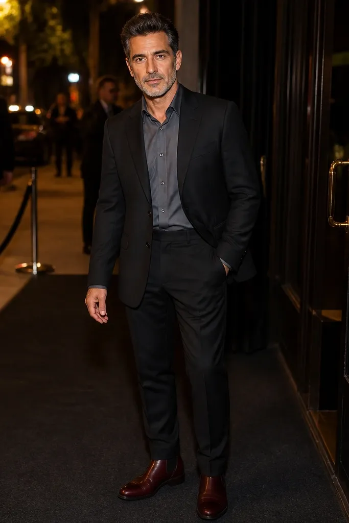 Black suit with gray shirt and oxblood Chelsea boots